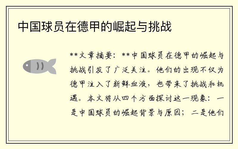 中国球员在德甲的崛起与挑战