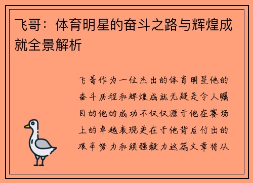 飞哥:体育明星的奋斗之路与辉煌成就全景解析